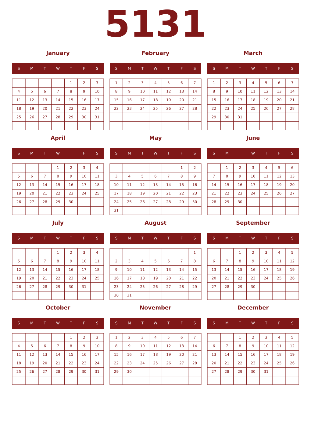 Printable 5131 Year Calendars falu