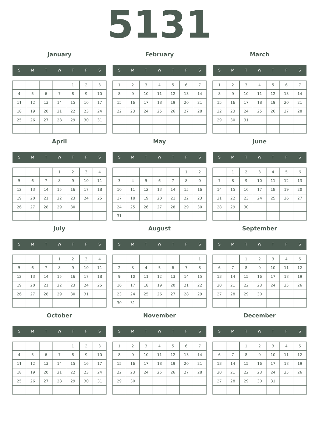 Printable 5131 Year Calendars feldgrau