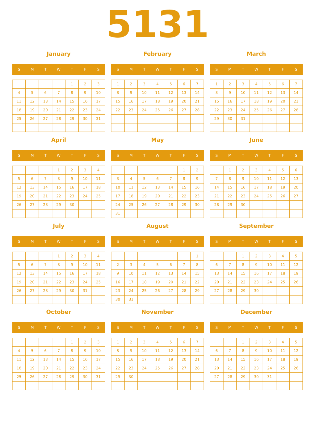 Printable 5131 Year Calendars gamboge