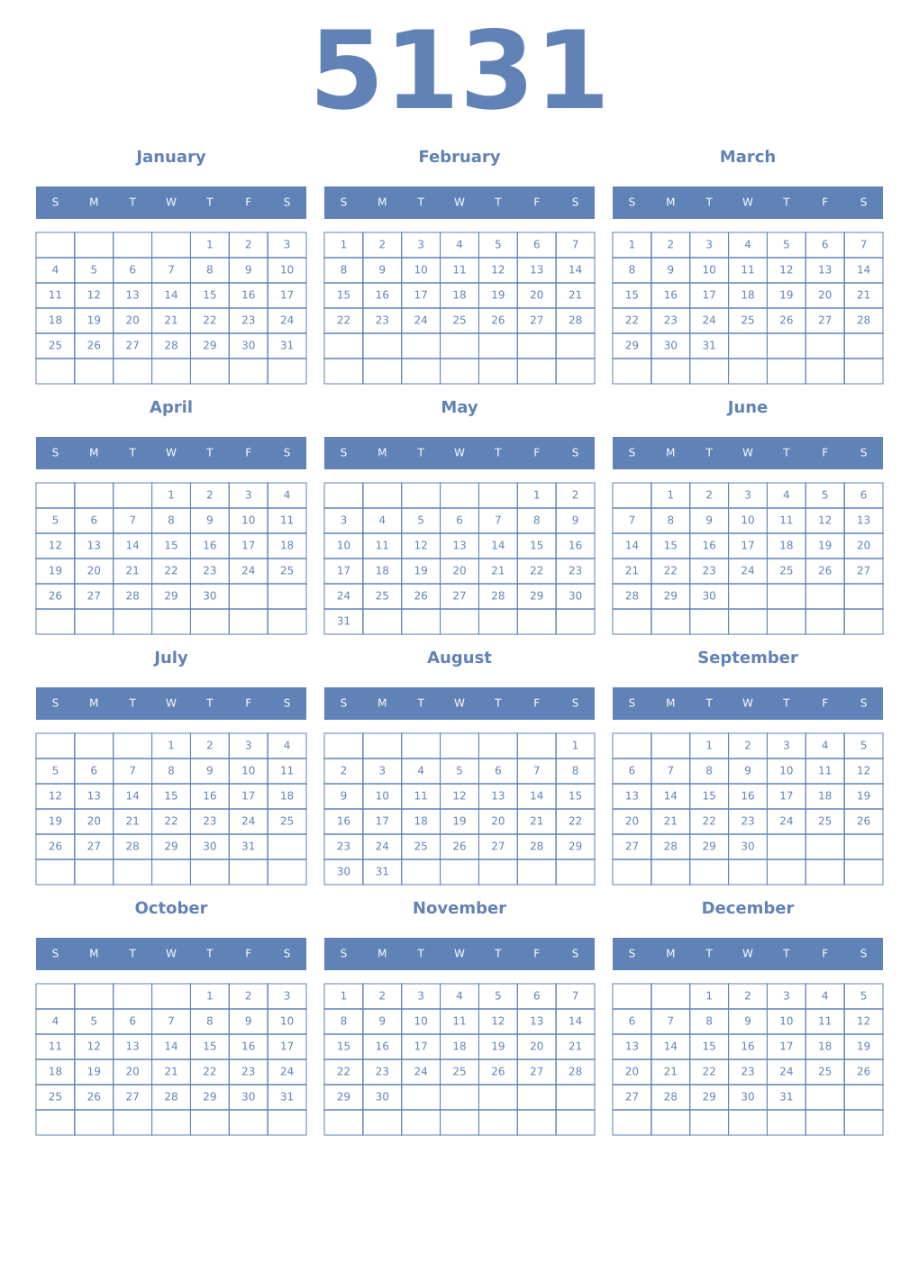 Printable 5131 Year Calendars glaucous