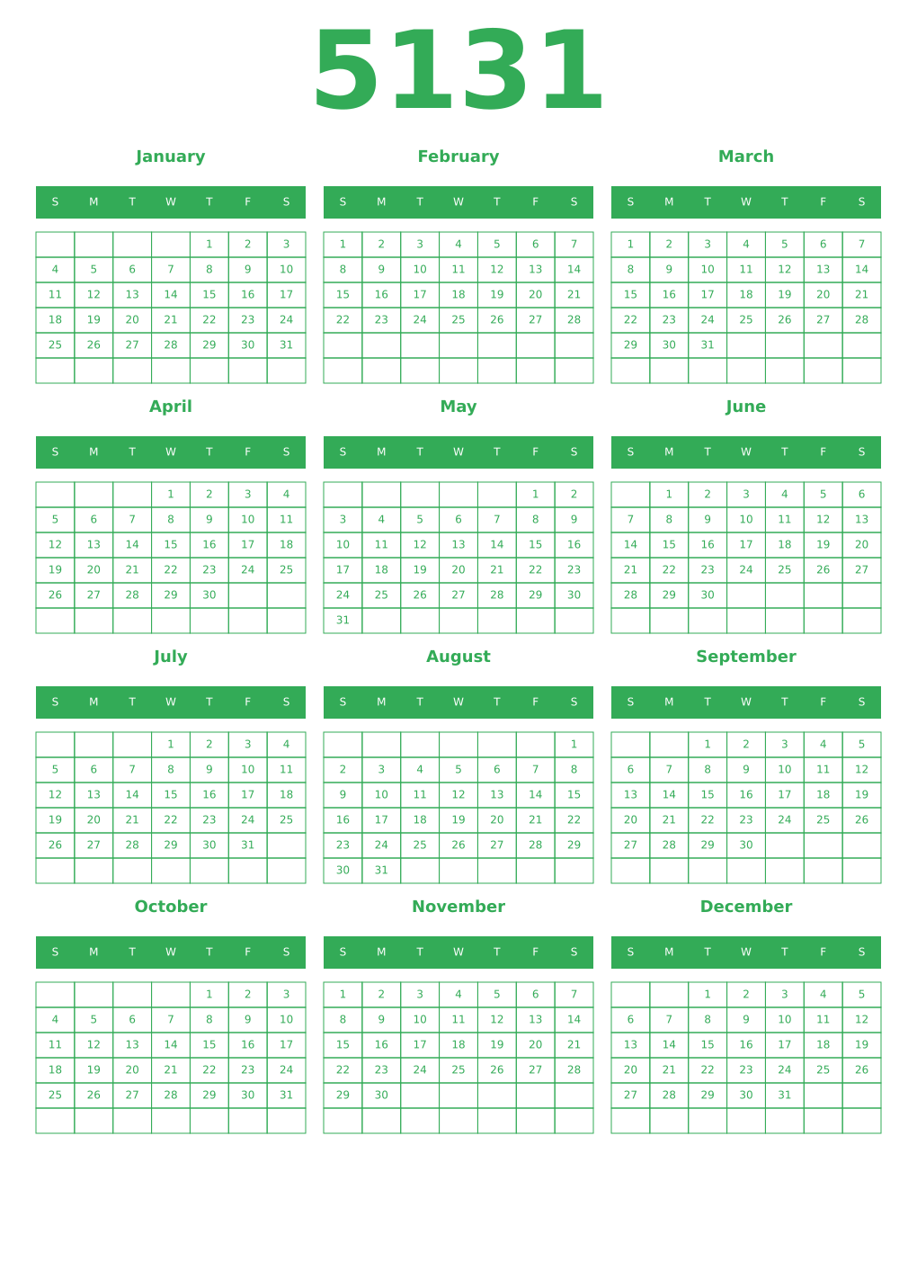 Printable 5131 Year Calendars green