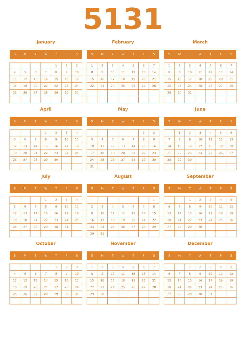Printable 5131 Year Calendars orange