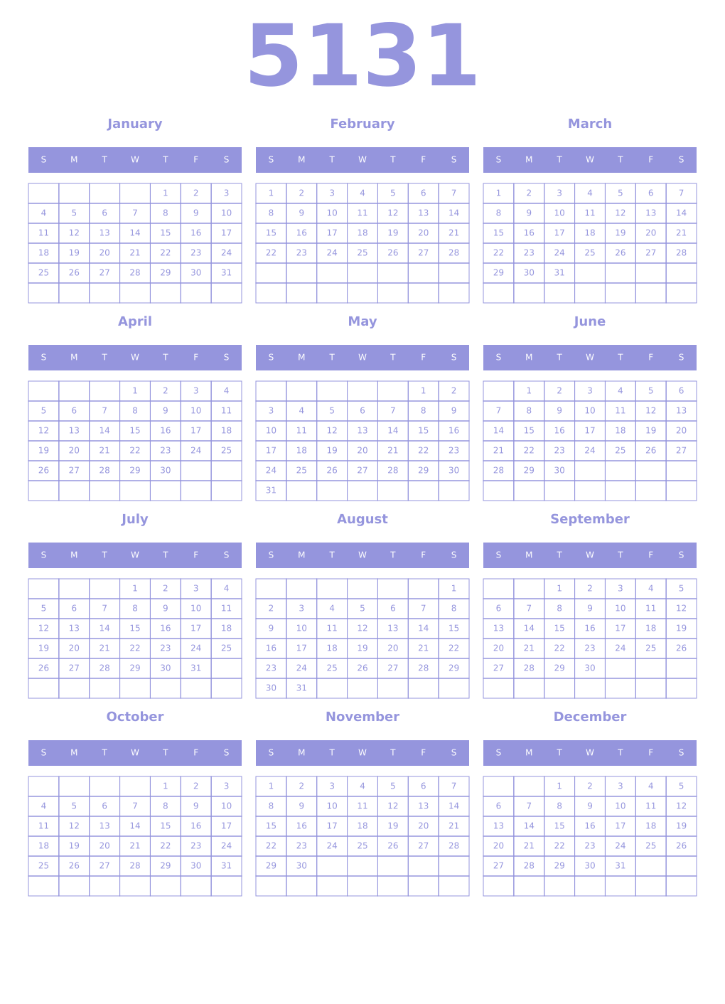 Printable 5131 Year Calendars periwinkle