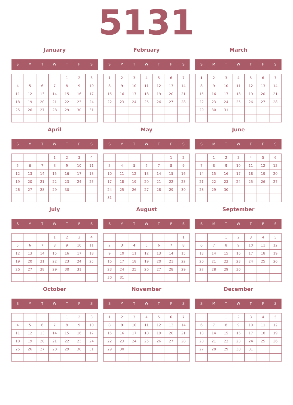 Printable 5131 Year Calendars puce