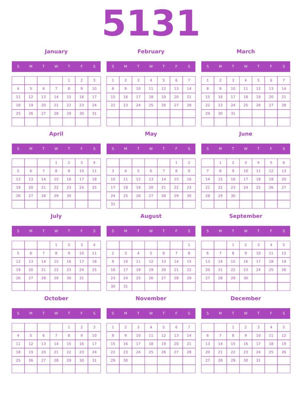 Printable 5131 Year Calendars purple