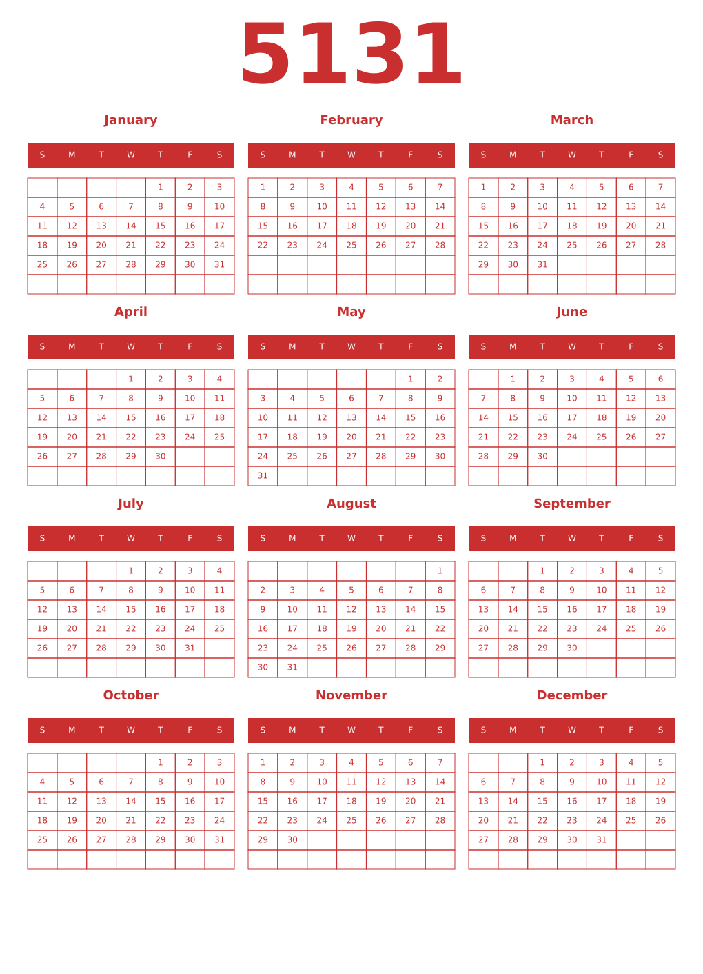 Printable 5131 Year Calendars red