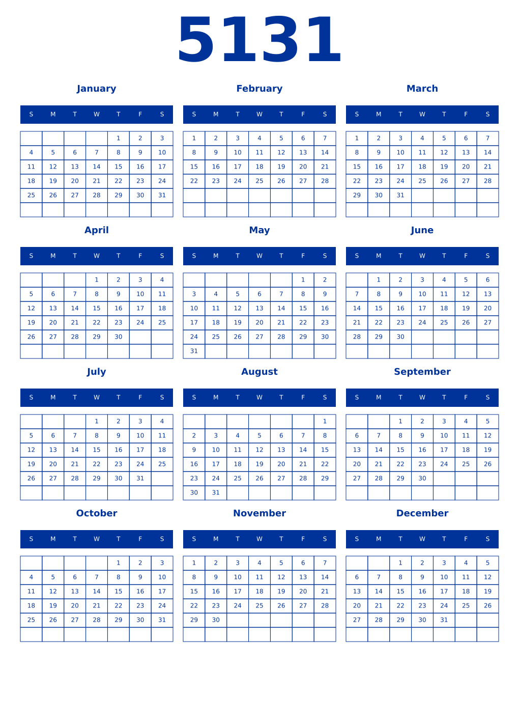 Printable 5131 Year Calendars smalt