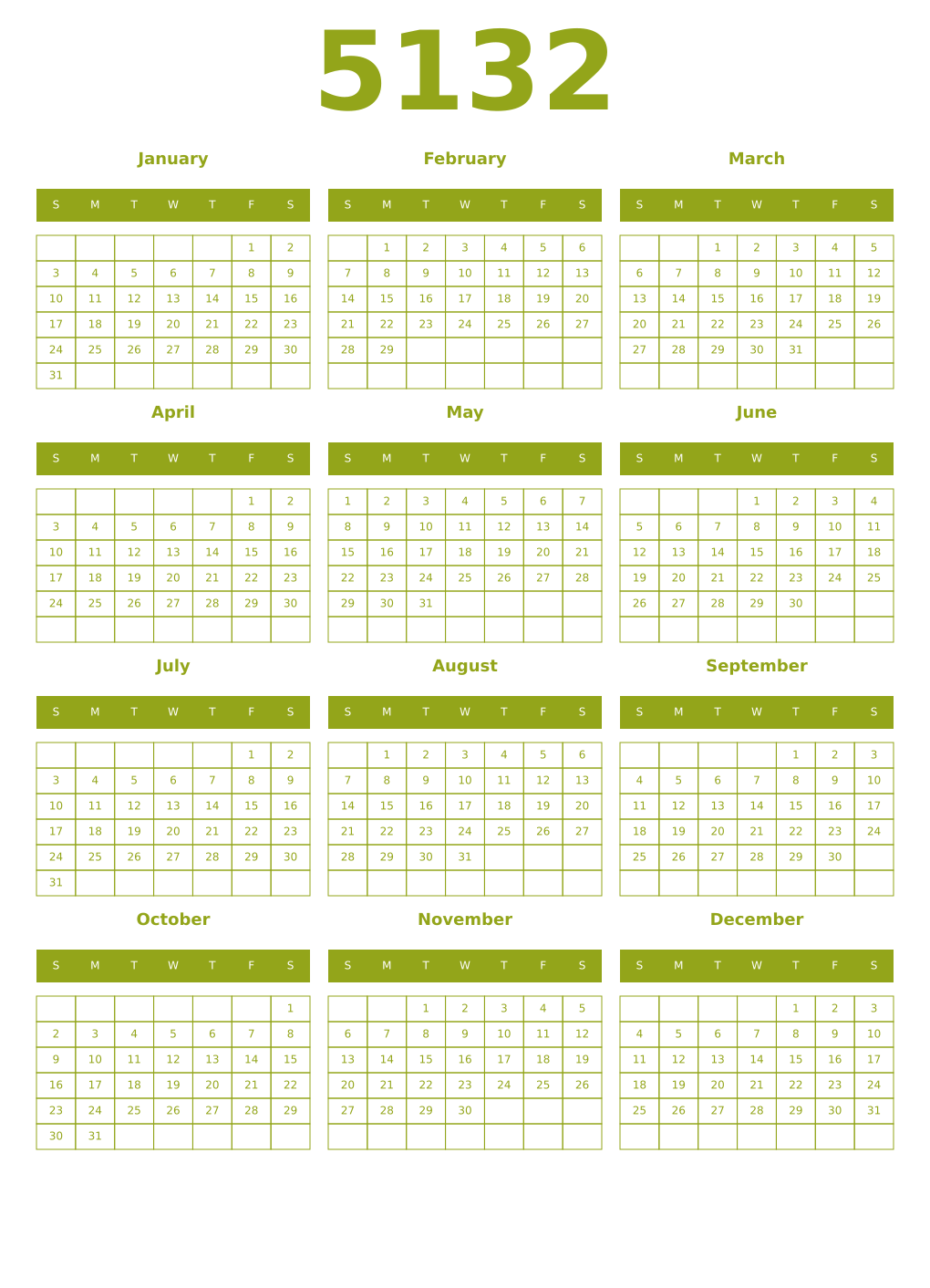 Printable 5132 Year Calendars chartreuse