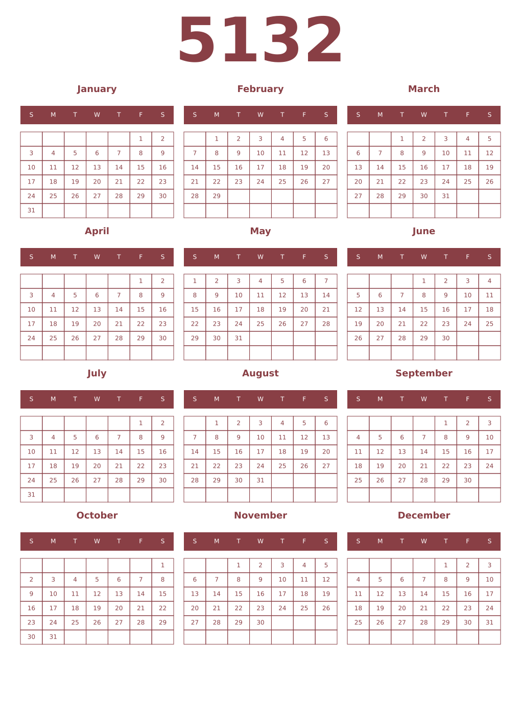 Printable 5132 Year Calendars cordovan
