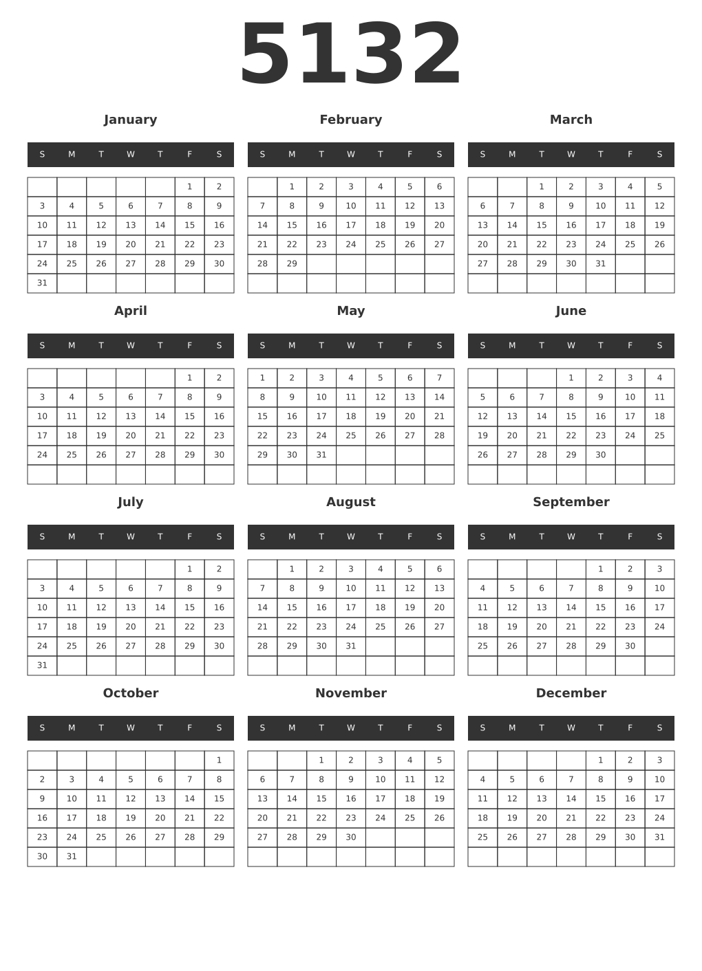 Printable 5132 Year Calendars dark