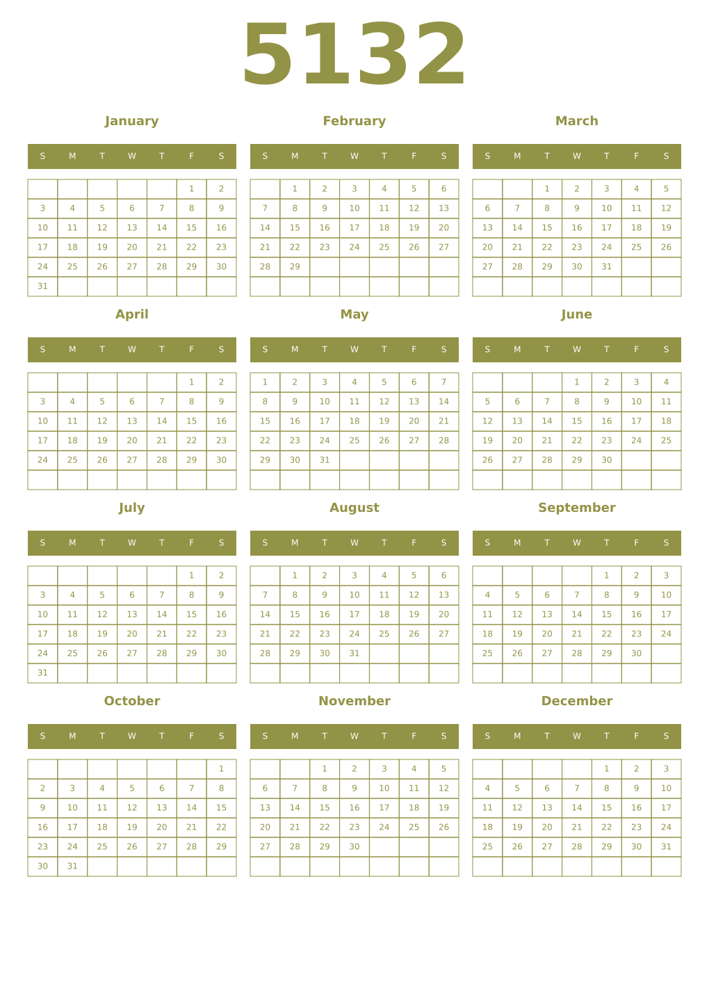 Printable 5132 Year Calendars eburnean