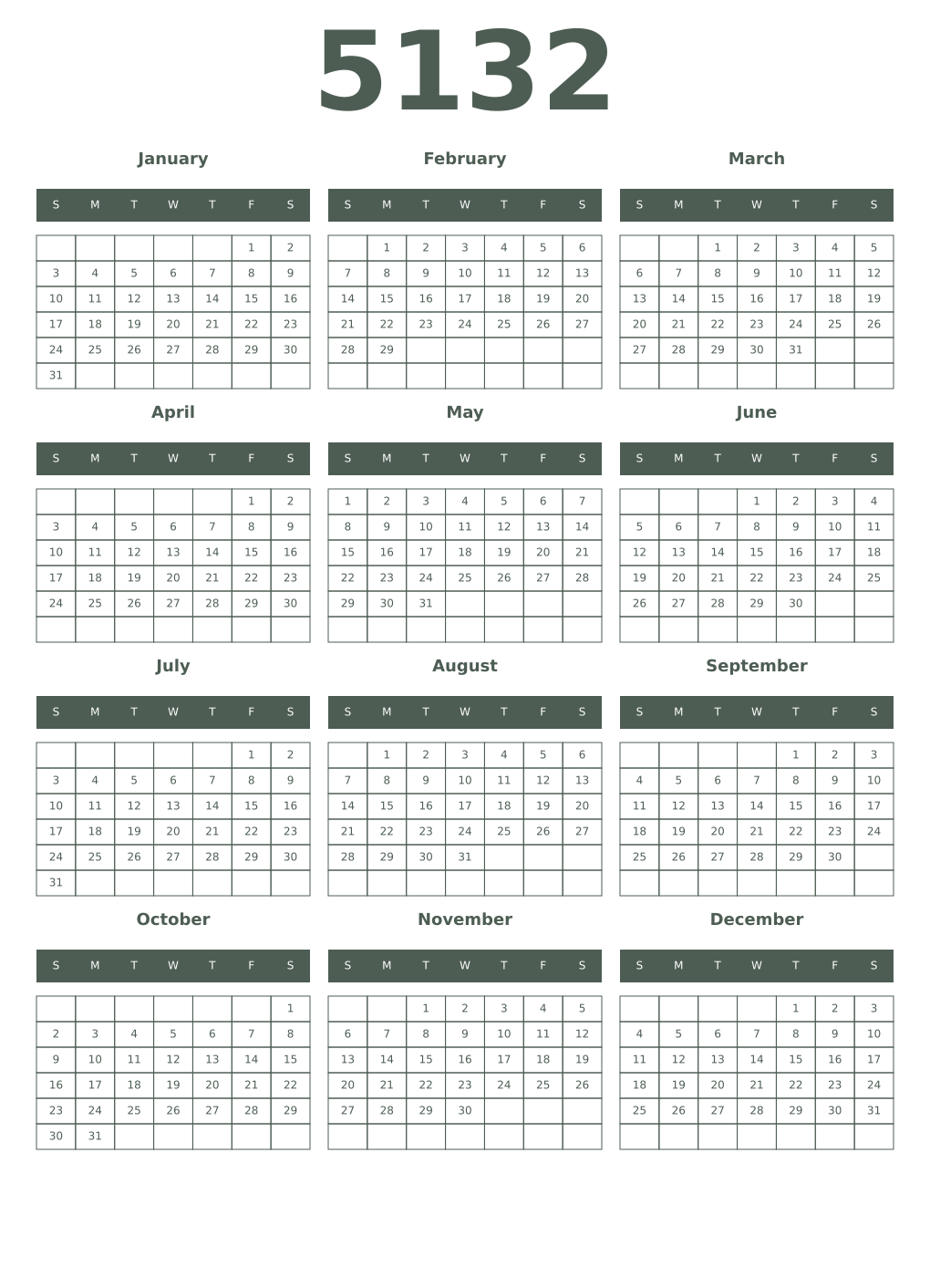 Printable 5132 Year Calendars feldgrau