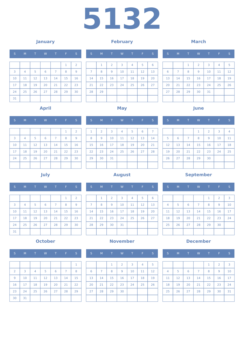 Printable 5132 Year Calendars glaucous