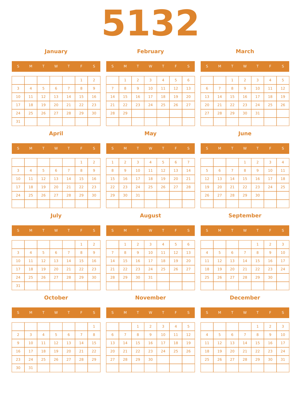 Printable 5132 Year Calendars orange