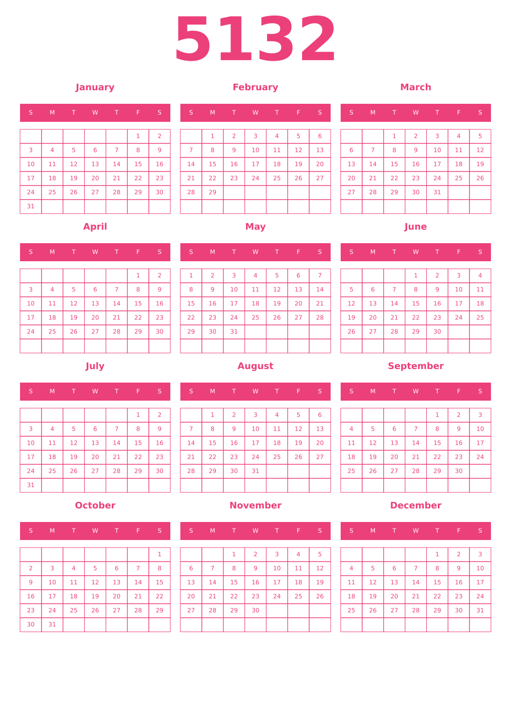 Printable 5132 Year Calendars pink