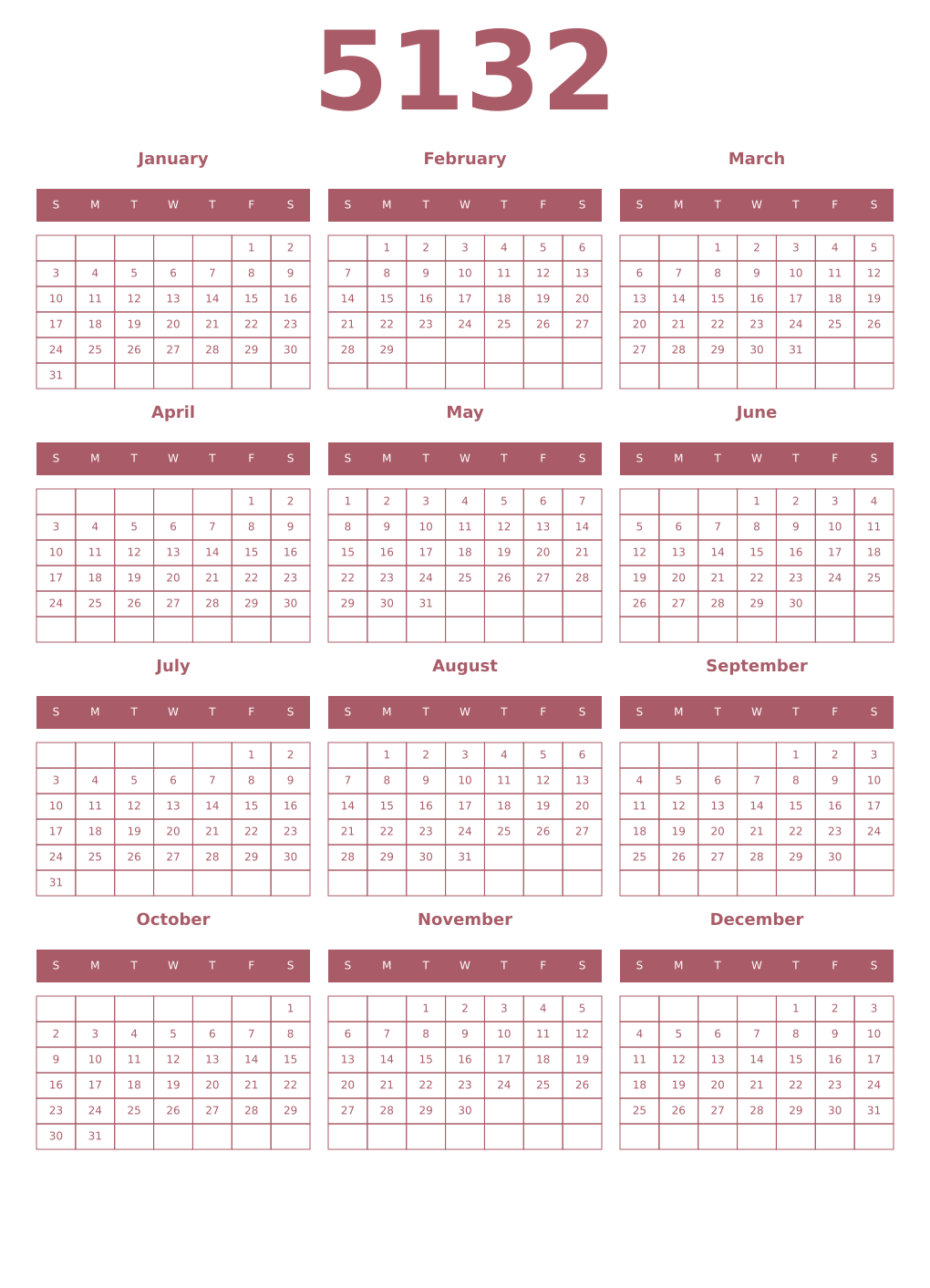 Printable 5132 Year Calendars puce