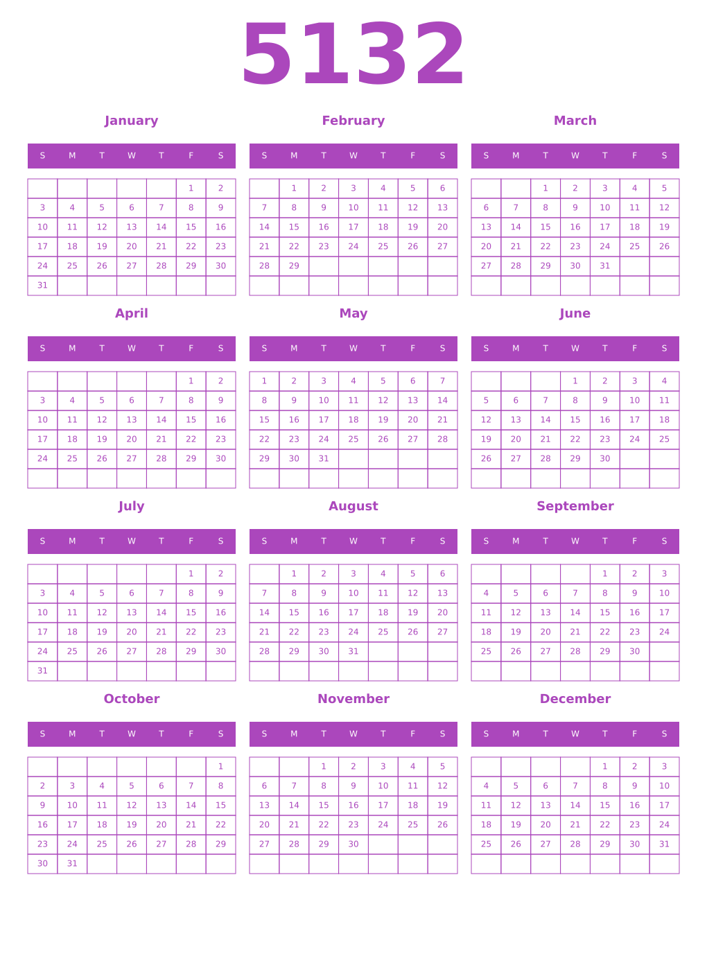 Printable 5132 Year Calendars purple
