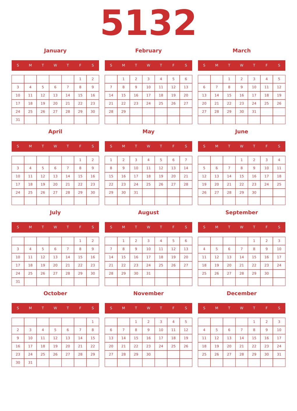 Printable 5132 Year Calendars red