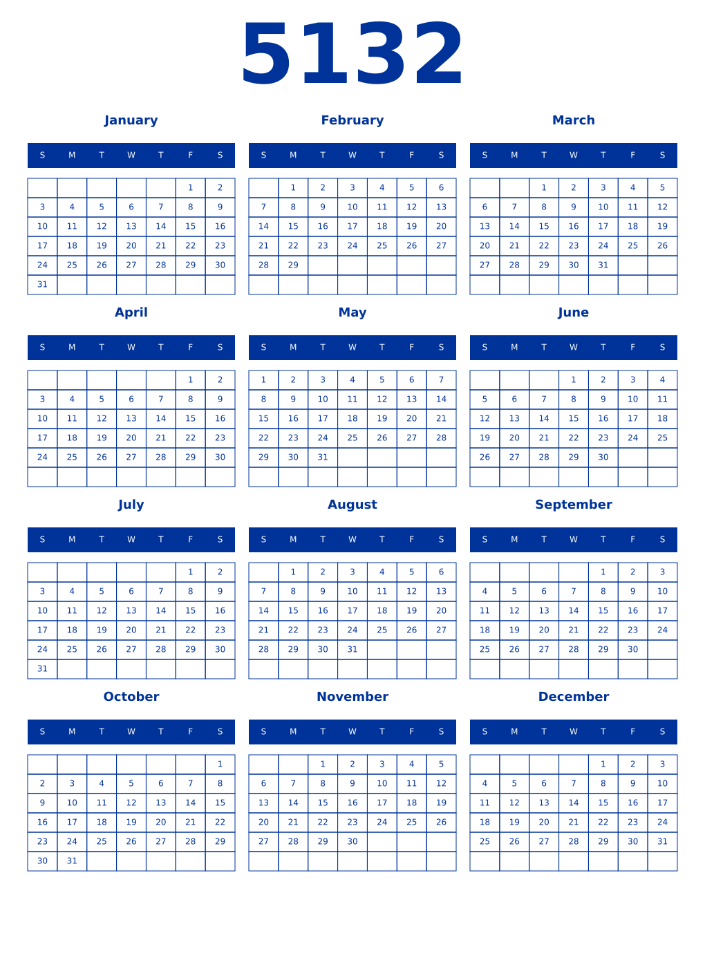 Printable 5132 Year Calendars smalt