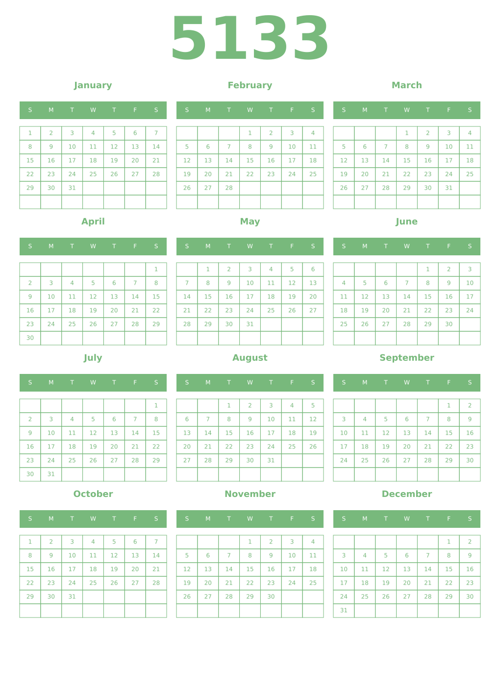 Printable 5133 Year Calendars celadon