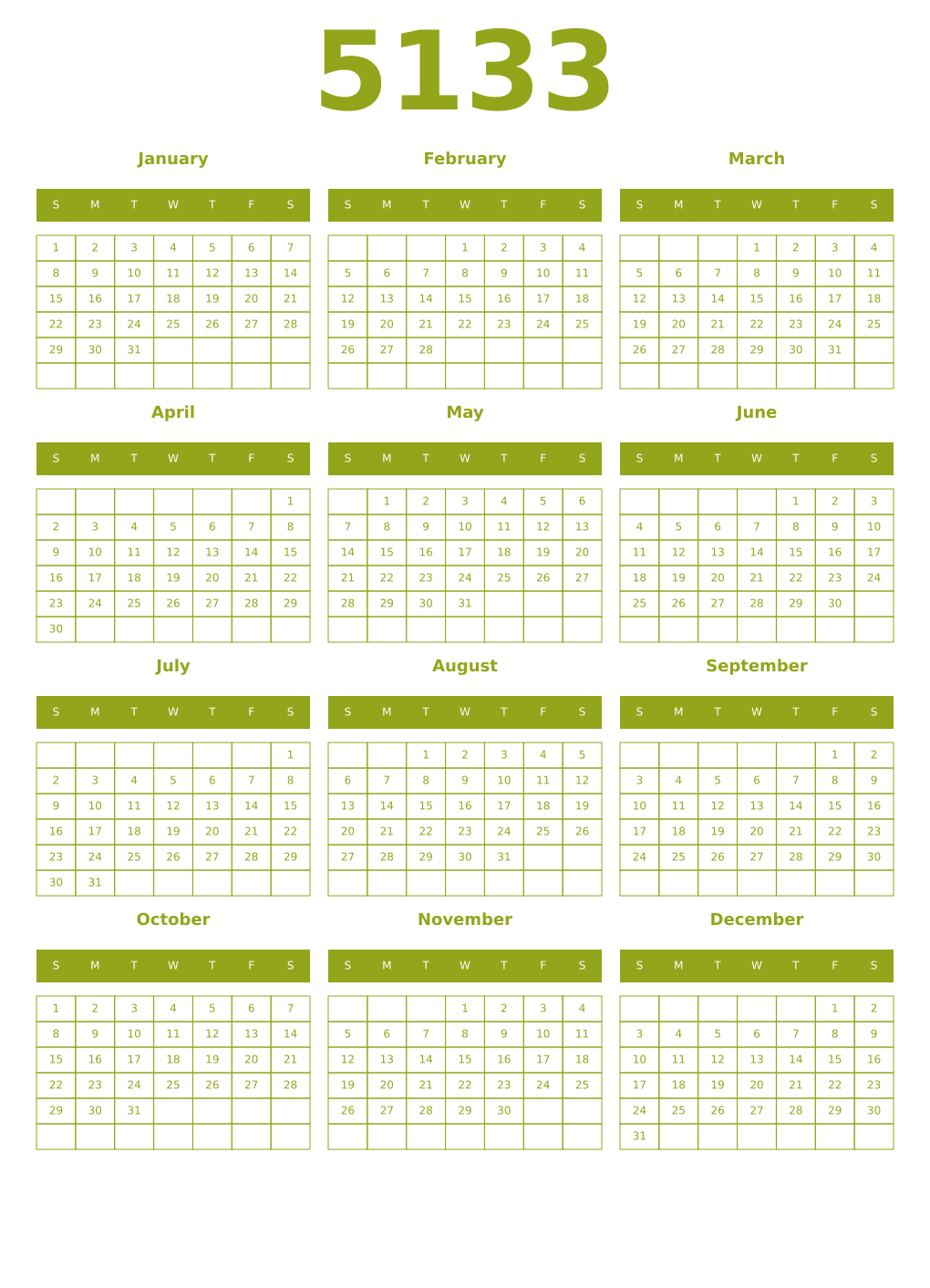 Printable 5133 Year Calendars chartreuse