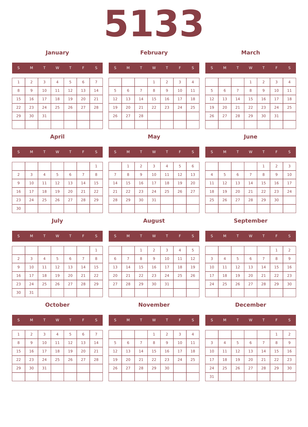 Printable 5133 Year Calendars cordovan
