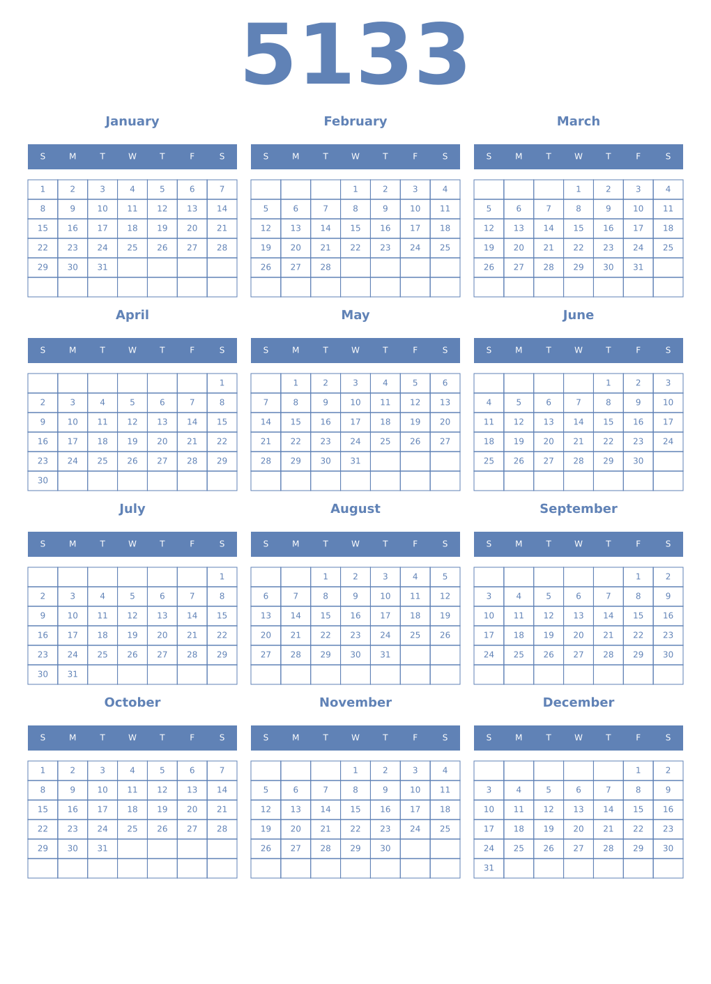 Printable 5133 Year Calendars glaucous