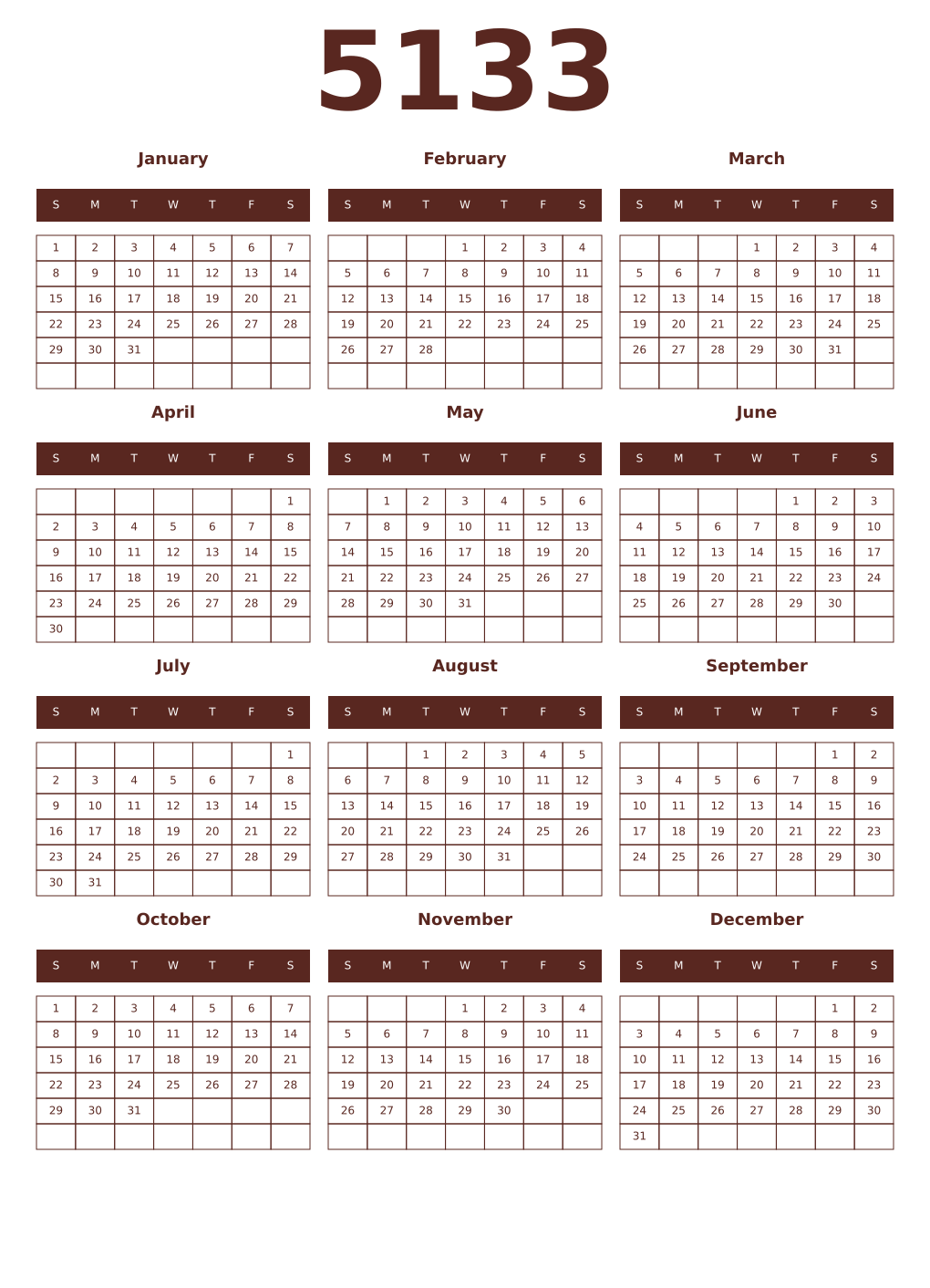 Printable 5133 Year Calendars mortuum