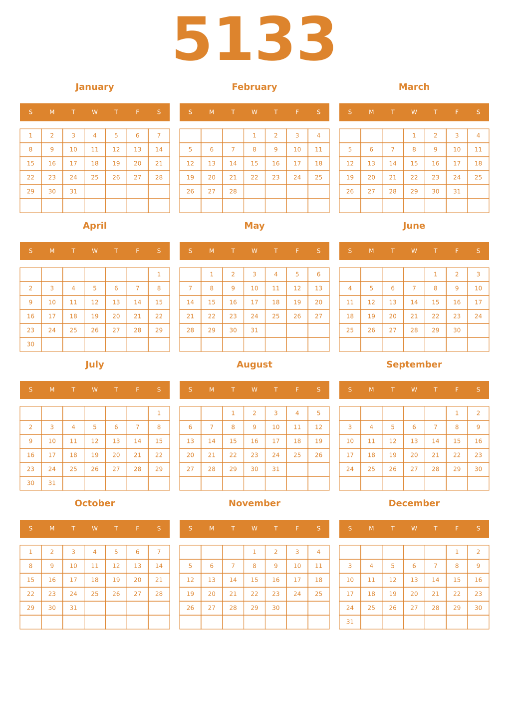 Printable 5133 Year Calendars orange