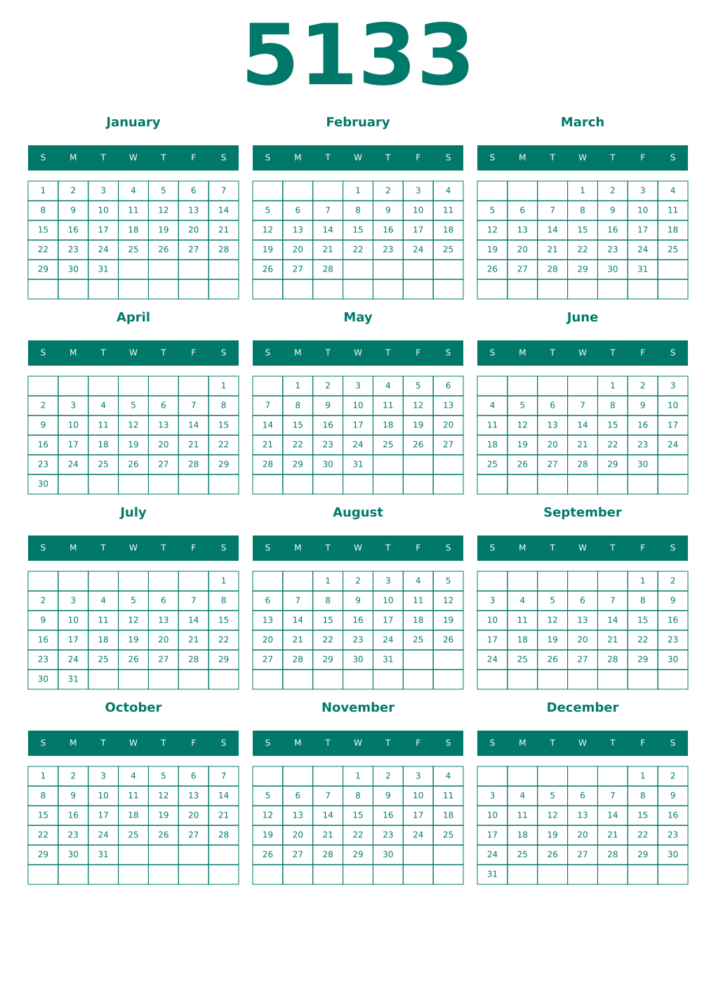 Printable 5133 Year Calendars pastel