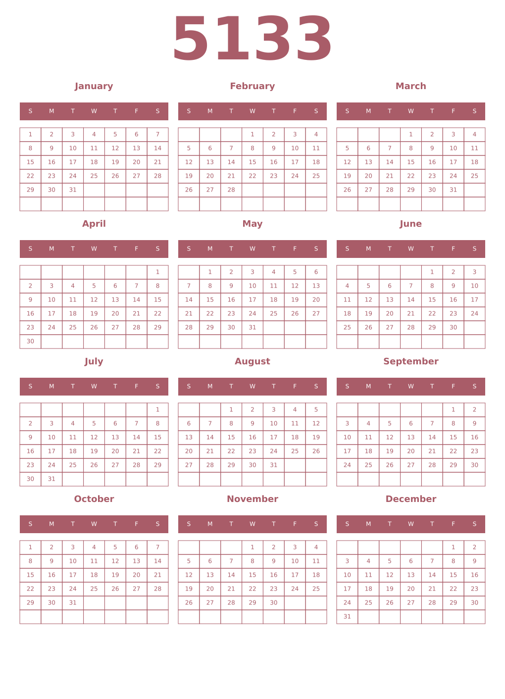Printable 5133 Year Calendars puce