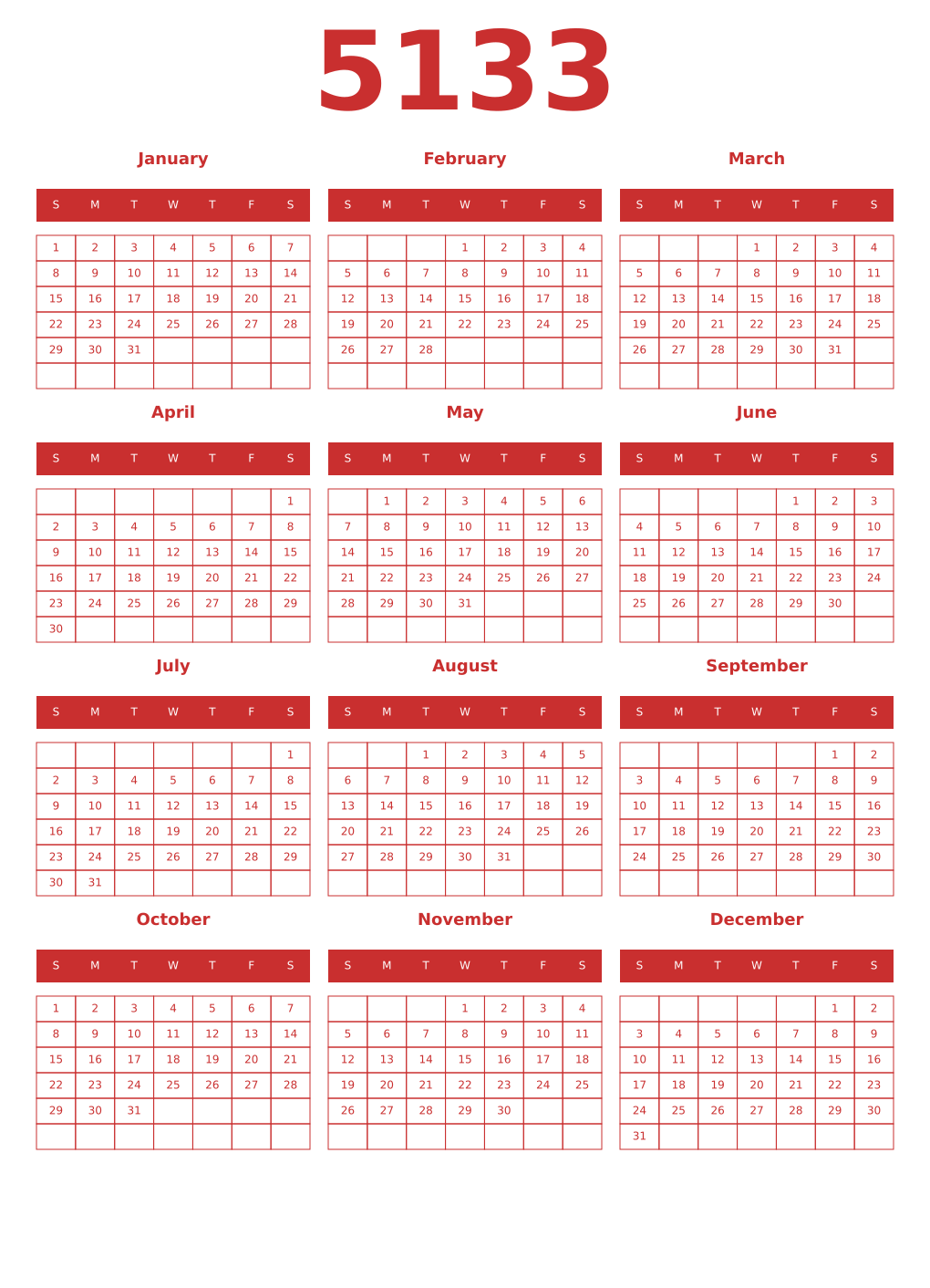 Printable 5133 Year Calendars red