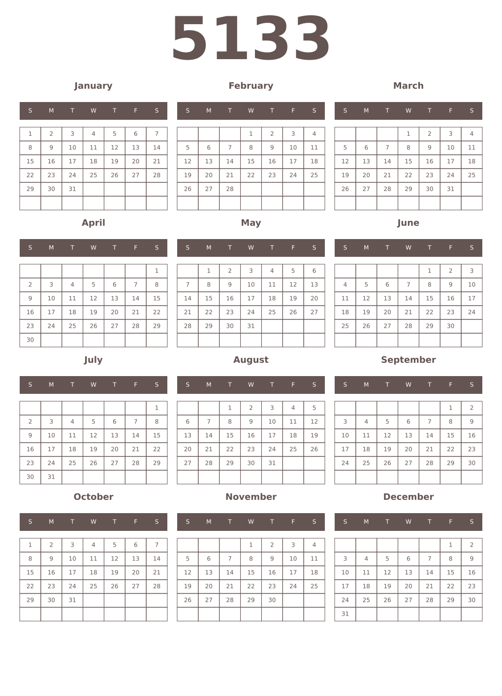 Printable 5133 Year Calendars wenge