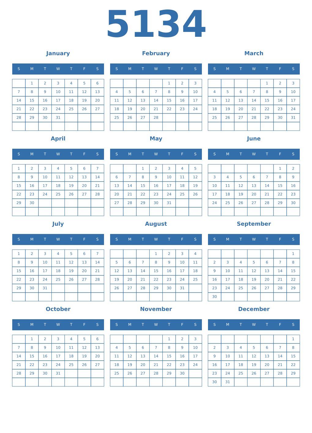 Printable 5134 Year Calendars blue
