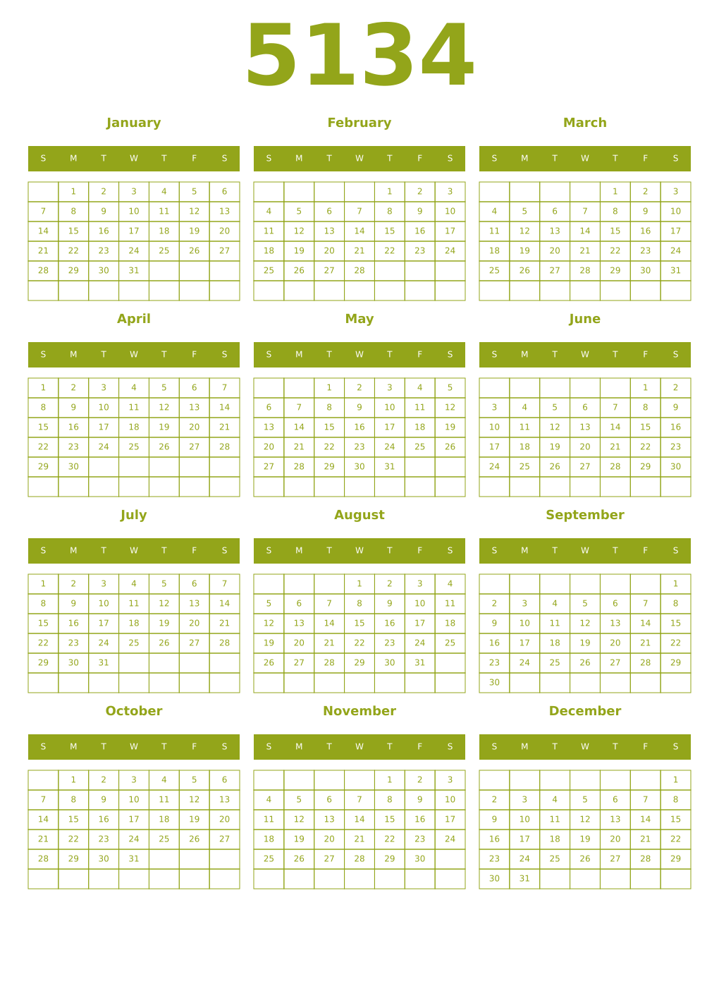 Printable 5134 Year Calendars chartreuse