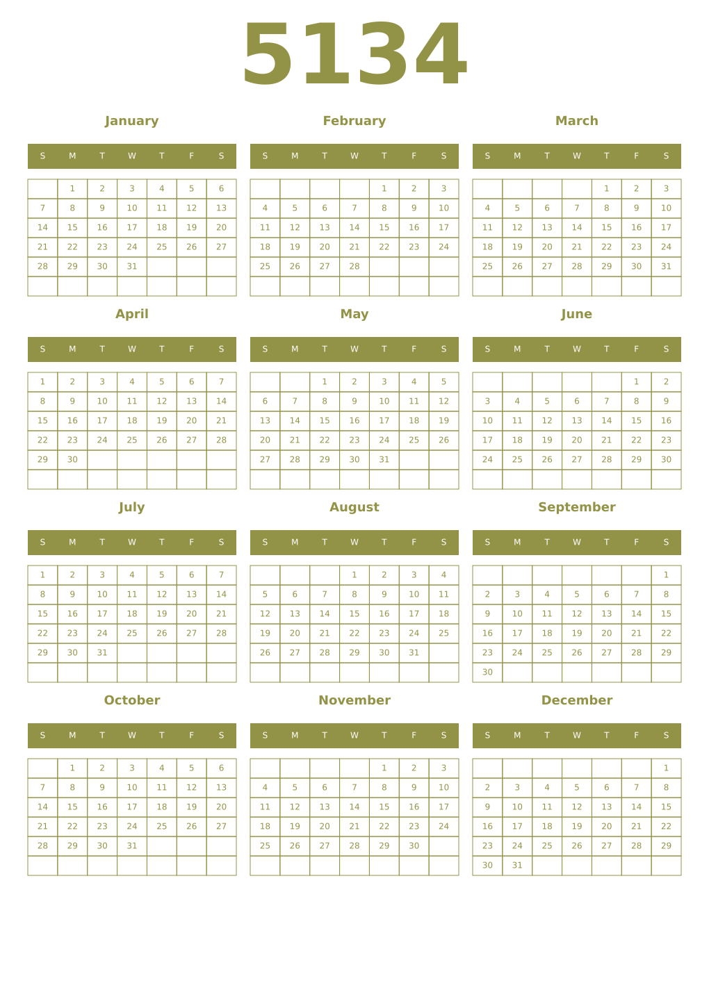 Printable 5134 Year Calendars eburnean