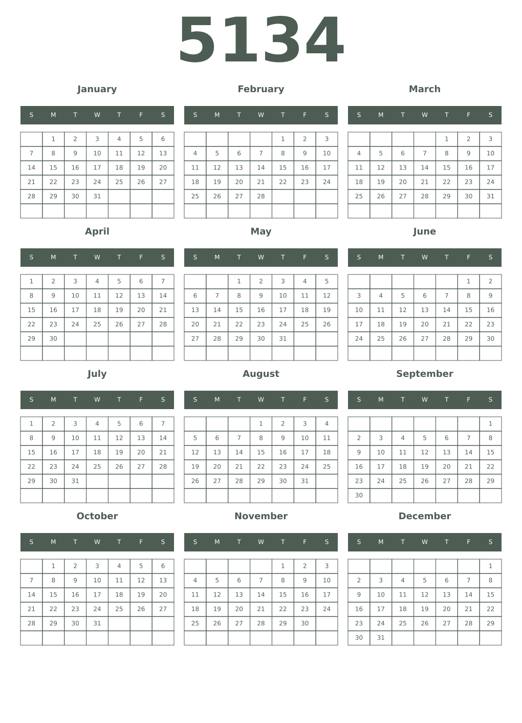 Printable 5134 Year Calendars feldgrau