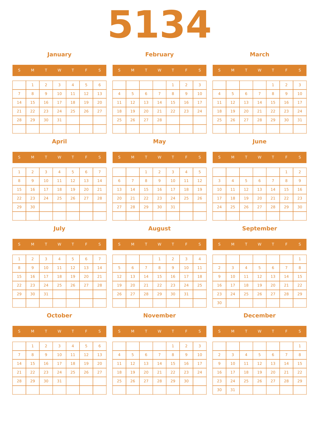 Printable 5134 Year Calendars orange