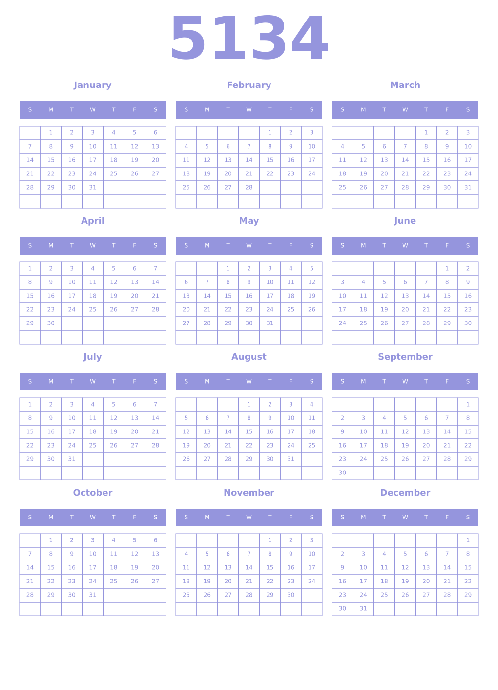 Printable 5134 Year Calendars periwinkle
