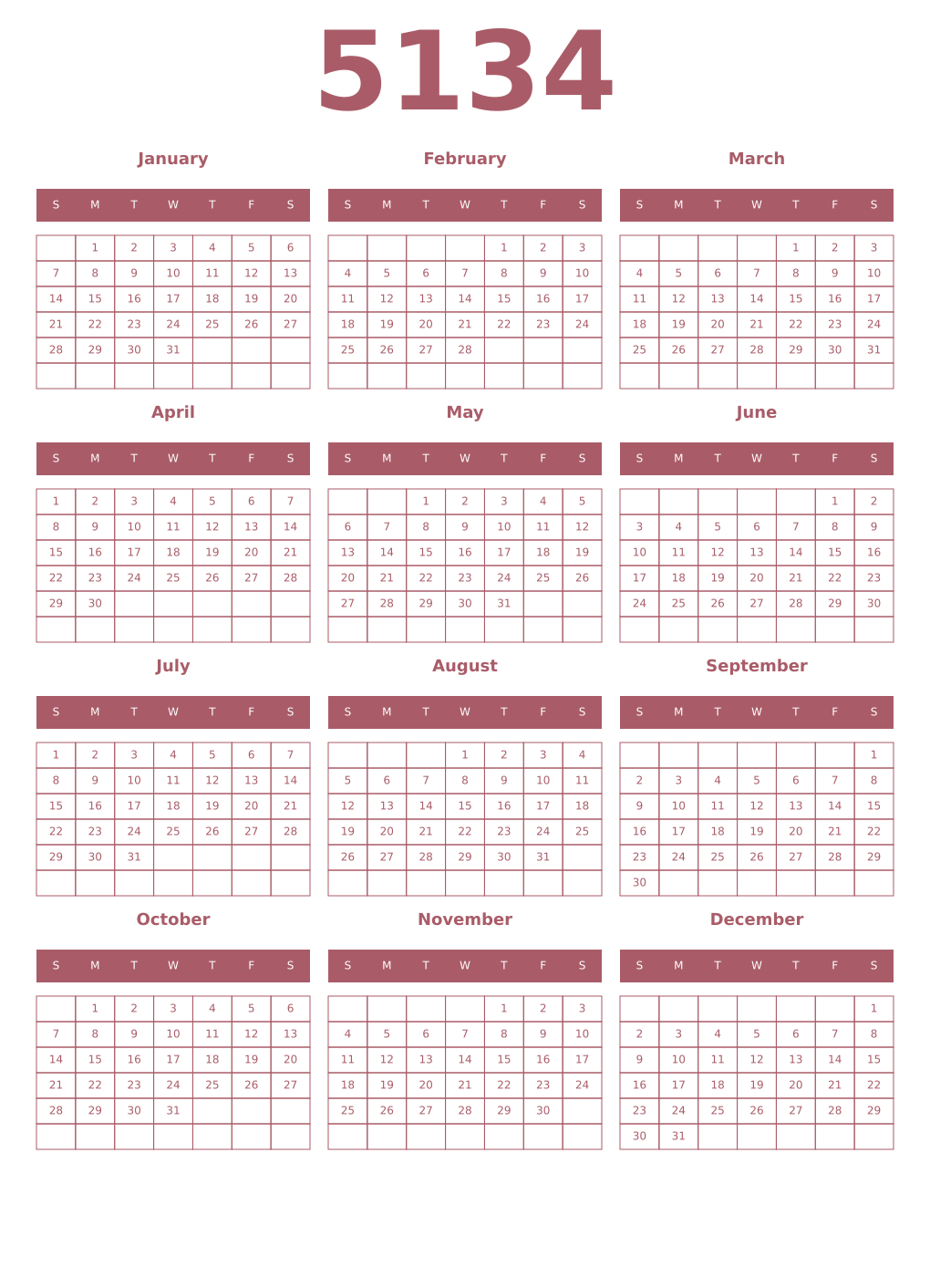 Printable 5134 Year Calendars puce