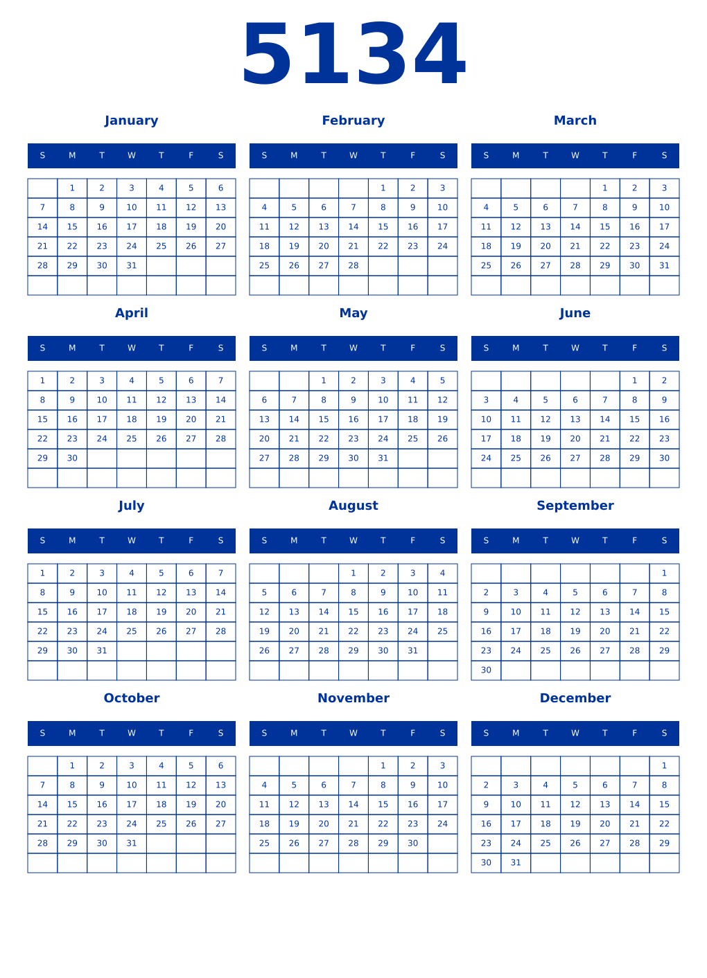 Printable 5134 Year Calendars smalt