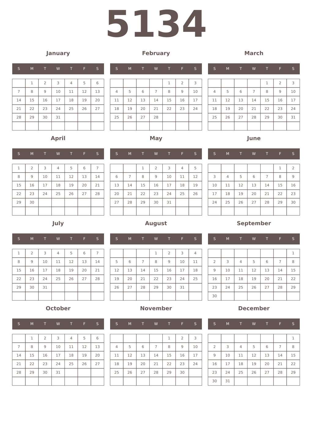 Printable 5134 Year Calendars wenge