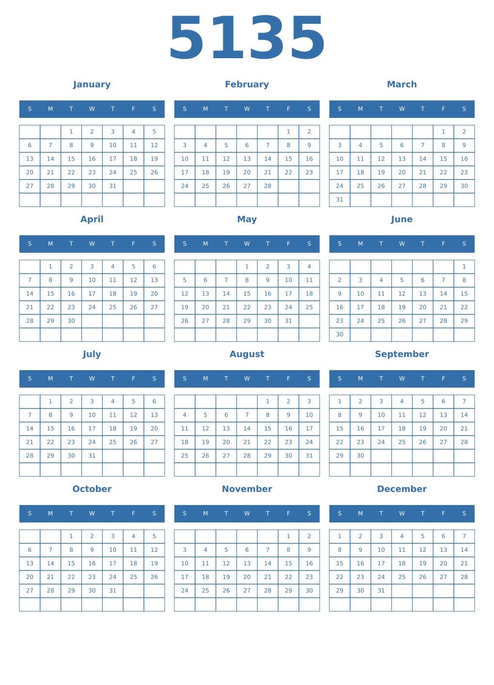 Printable 5135 Year Calendars blue