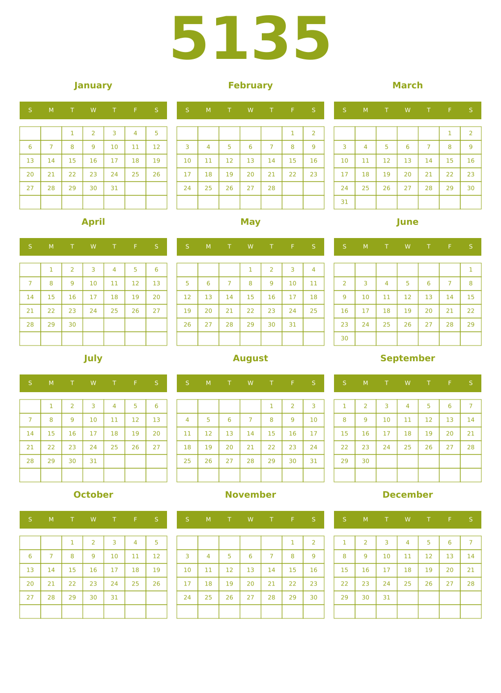 Printable 5135 Year Calendars chartreuse