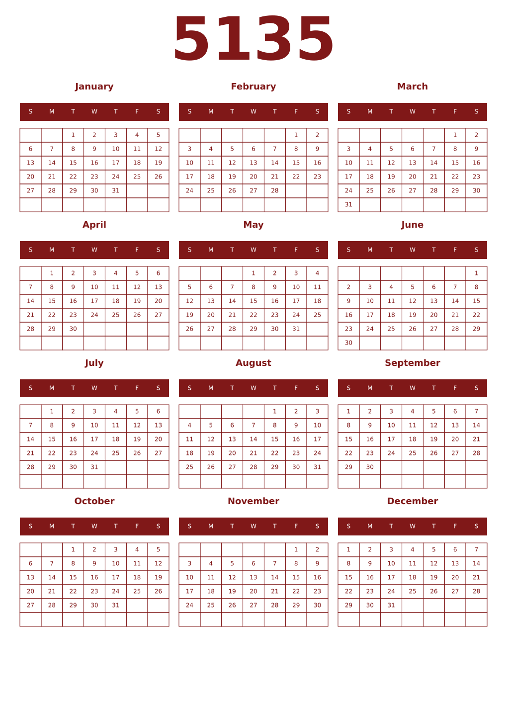 Printable 5135 Year Calendars falu