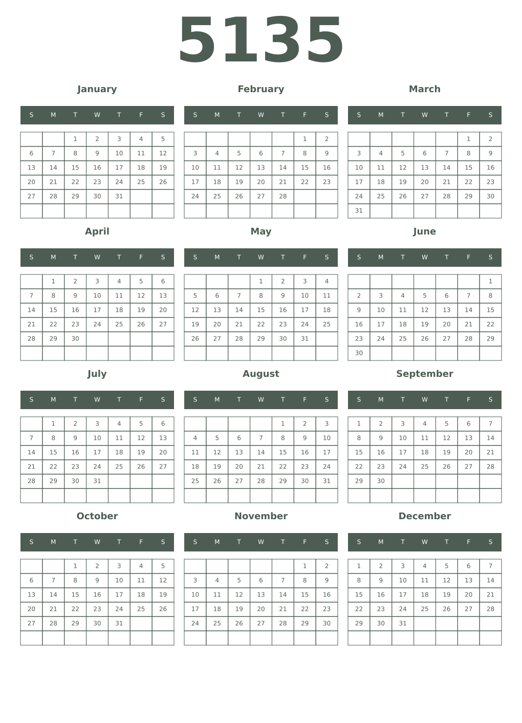Printable 5135 Year Calendars feldgrau