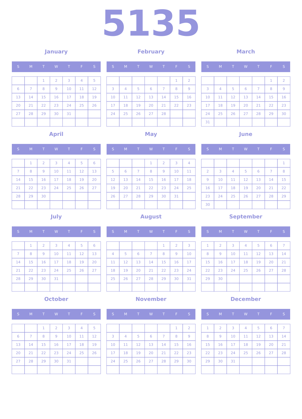 Printable 5135 Year Calendars periwinkle