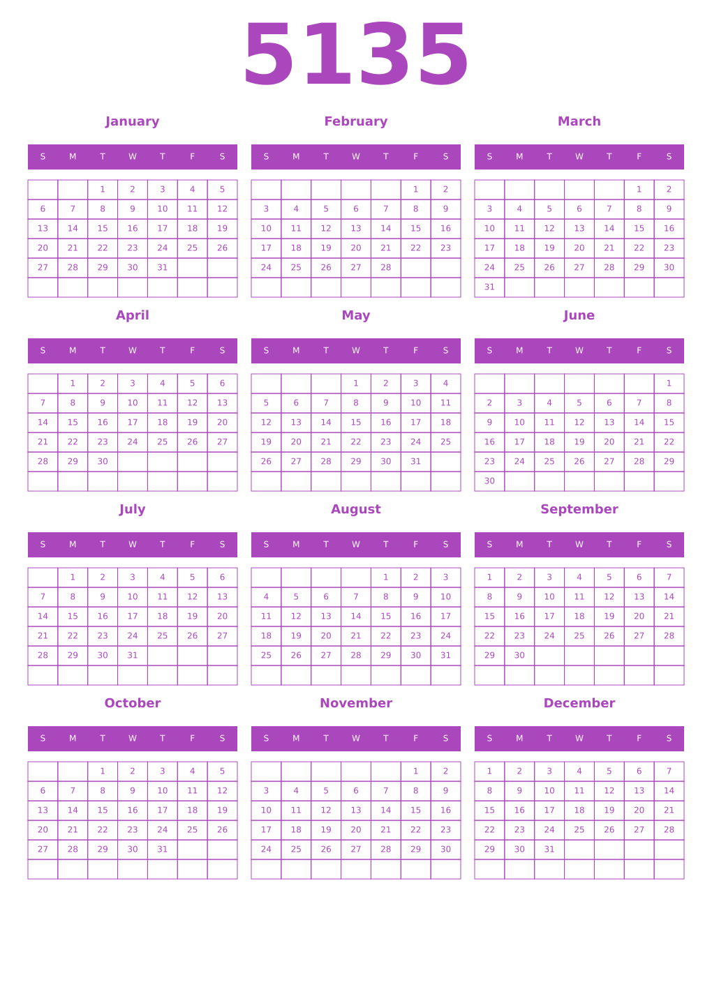 Printable 5135 Year Calendars purple