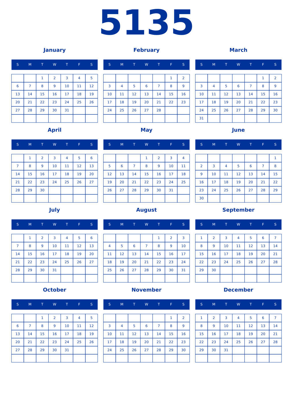 Printable 5135 Year Calendars smalt