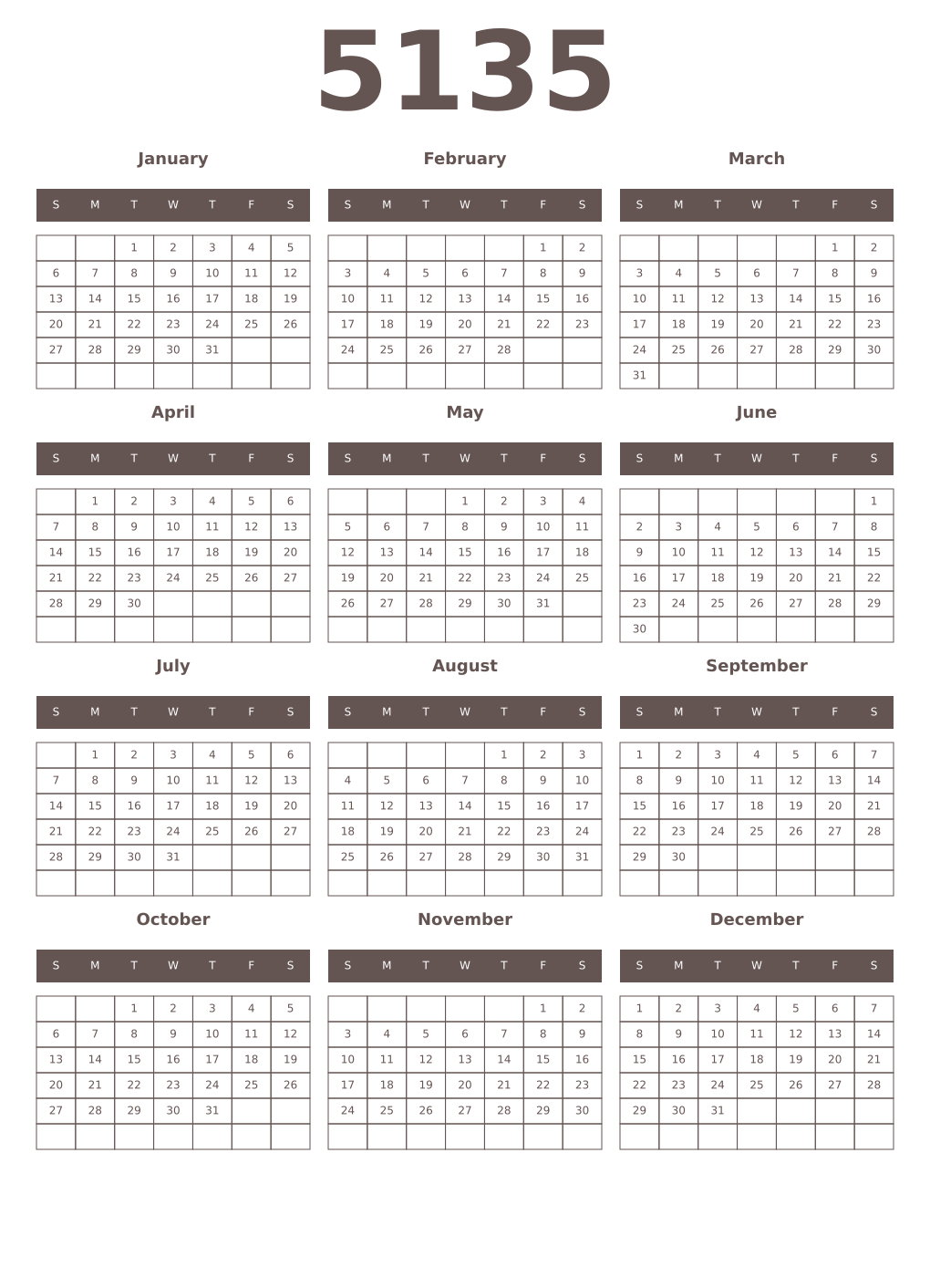 Printable 5135 Year Calendars wenge